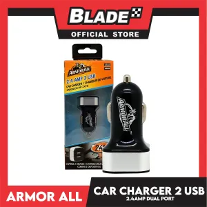 Armor All Car Charger 2.4 AMP 2 Port USB Car Charger (Black) Built-in Led Indicator 12-24V DC Input 5V Output For Smartphones, Tablet and etc.