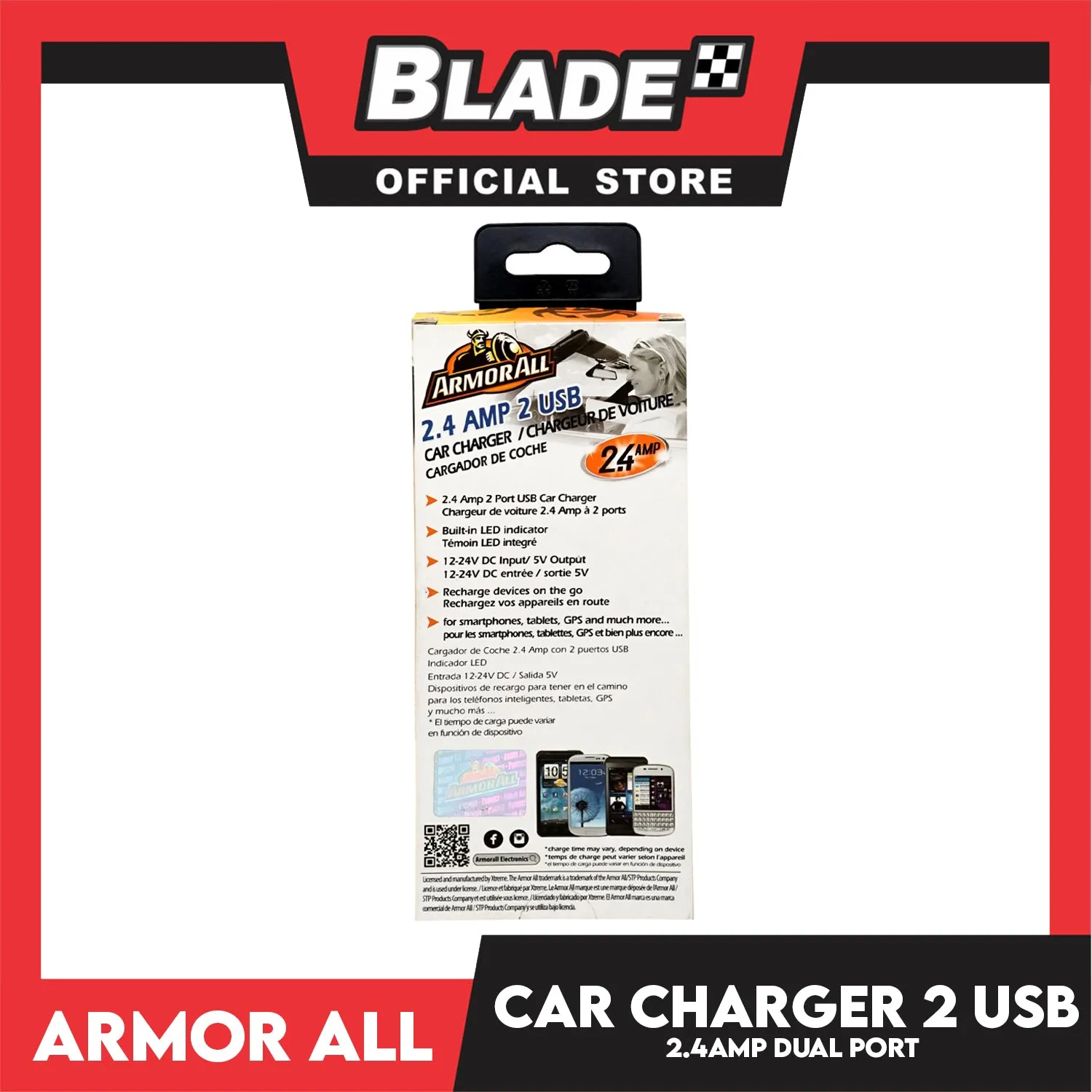 Armor All Car Charger 2.4 AMP 2 Port USB Car Charger (Black) Built-in Led Indicator 12-24V DC Input 5V Output For Smartphones, Tablet and etc.
