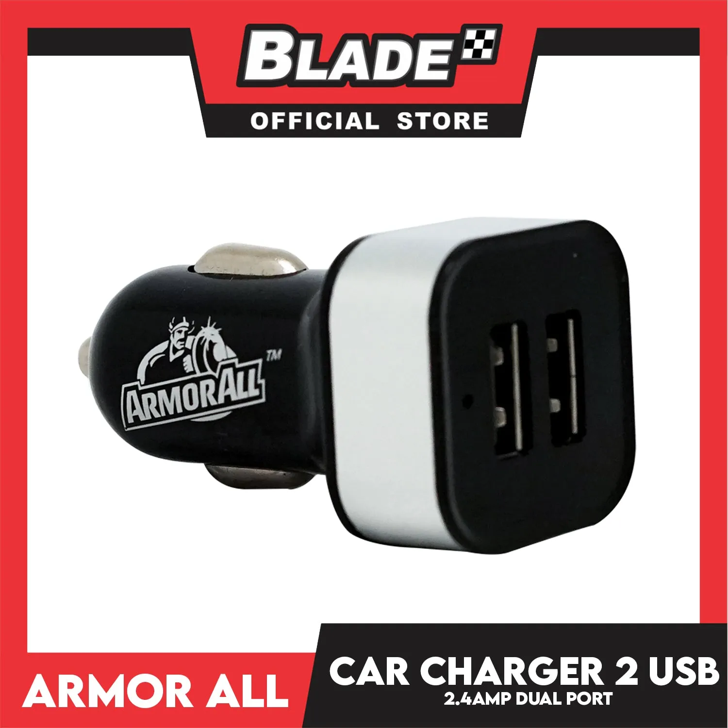 Armor All Car Charger 2.4 AMP 2 Port USB Car Charger (Black) Built-in Led Indicator 12-24V DC Input 5V Output For Smartphones, Tablet and etc.