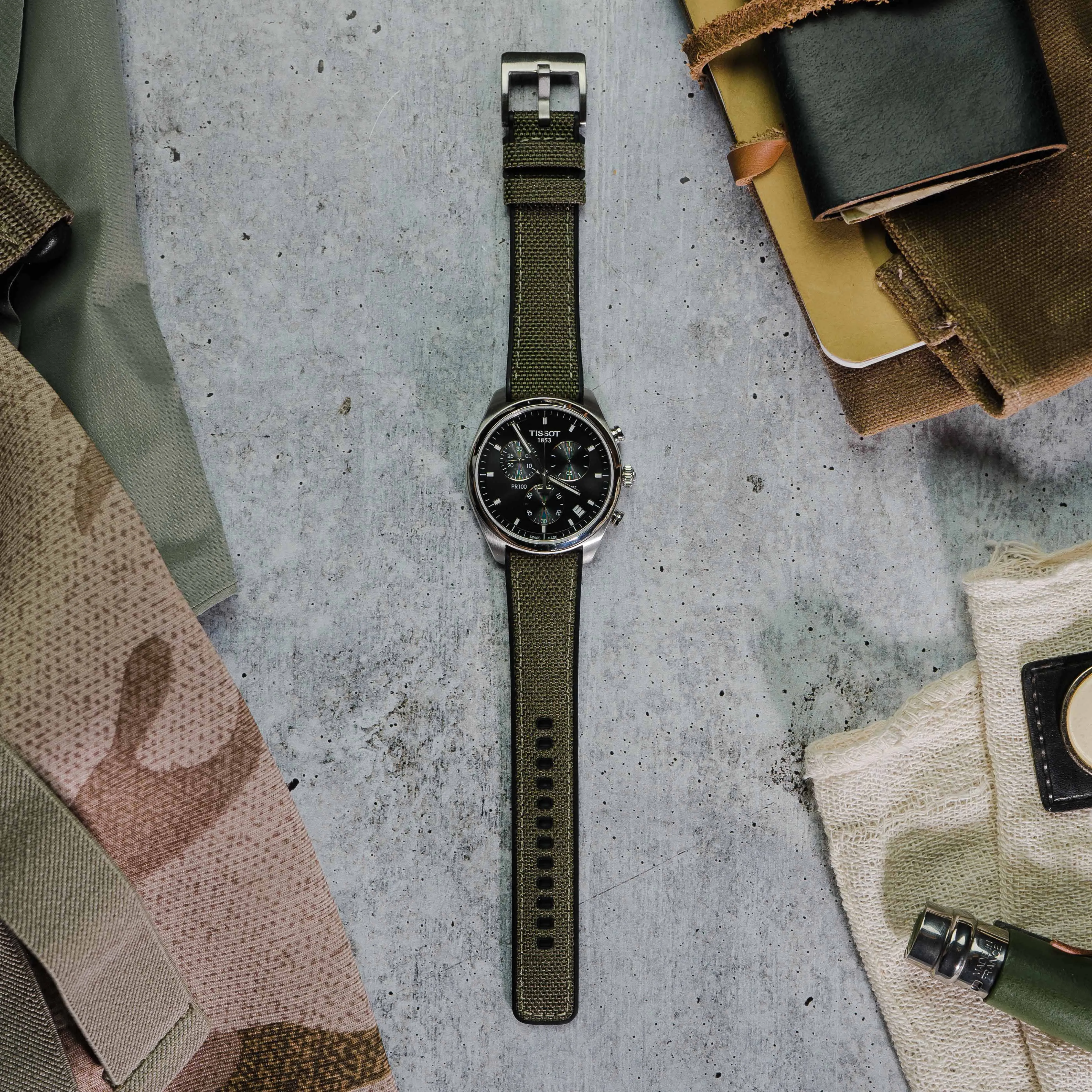 Army Green Cordura Fabric And Silicone Hybrid Watch Band