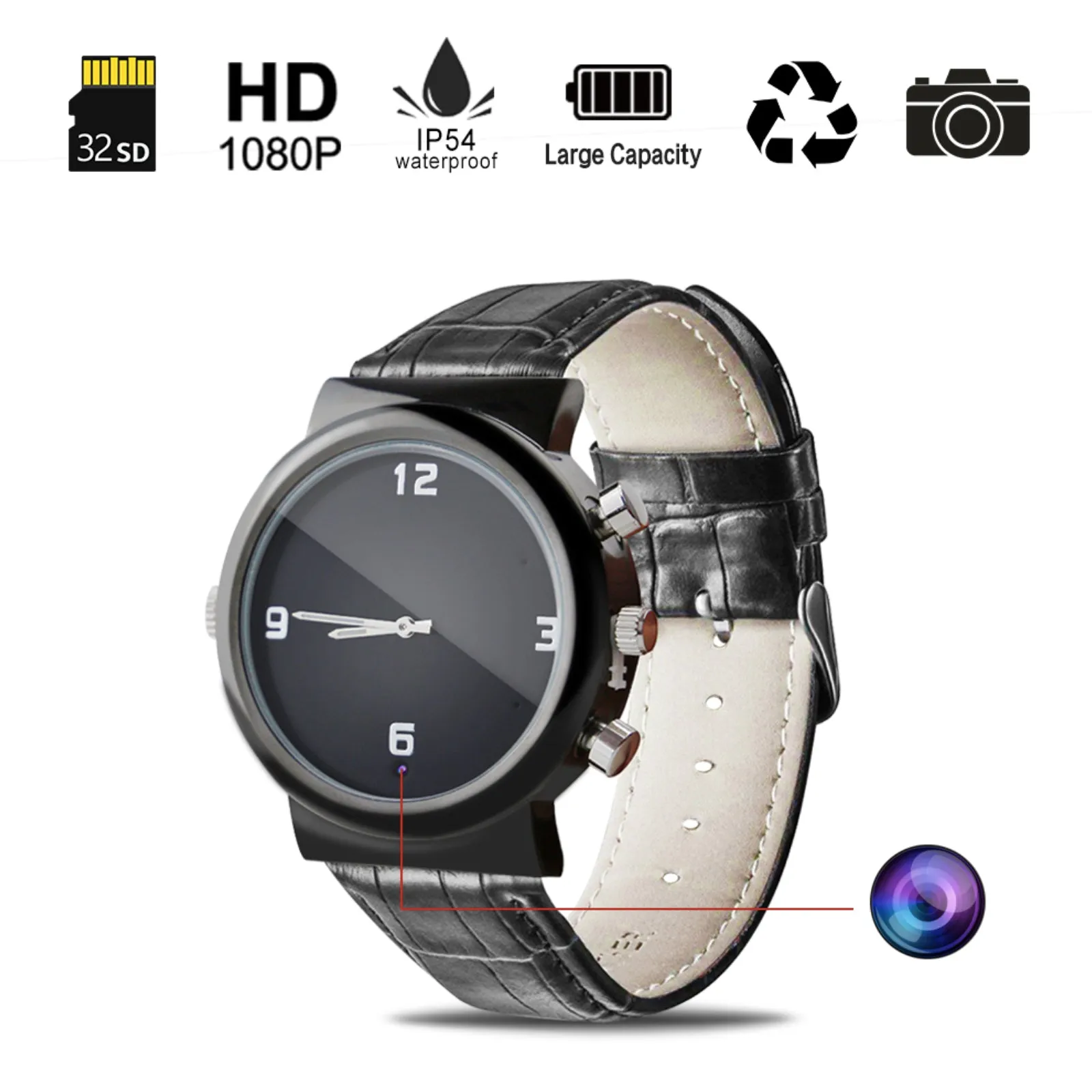 Audio Video Watch Camera Full HD 1080p Motion Detection 12MP Photo 32GB Memory