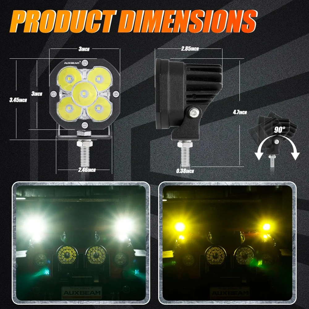 Auxbeam - 3 inch 80W 3 Inch 80W 9600LM Led Pods Lights White&Yellow With A-Pillar Mounting Bracket For Ford Bronco 2/4 Door 2021 2022