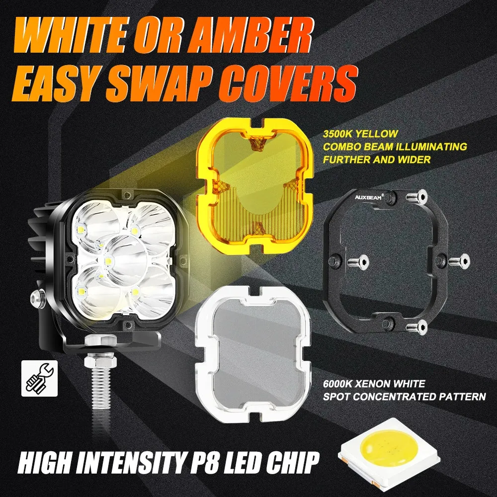 Auxbeam - 3 inch 80W 3 Inch 80W 9600LM Led Pods Lights White&Yellow With A-Pillar Mounting Bracket For Ford Bronco 2/4 Door 2021 2022