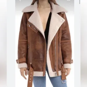 Avec Les Filles Faux Leather Shearling Biker Jacket Coat Brown, size M