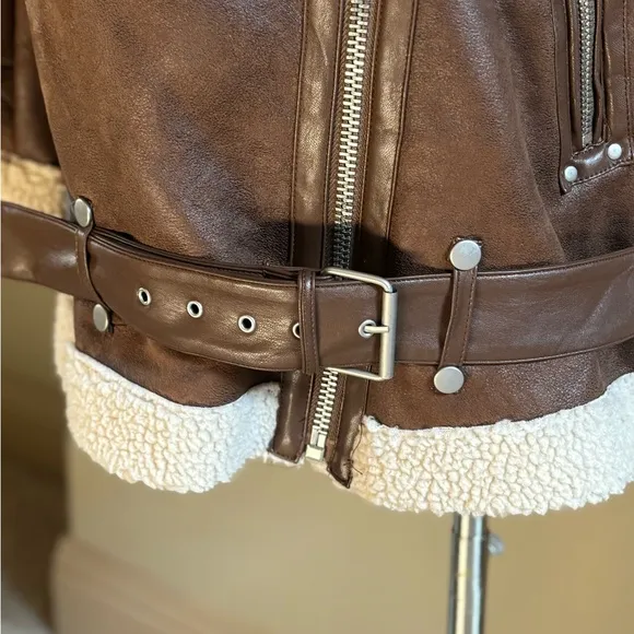 Avec Les Filles Faux Leather Shearling Biker Jacket Coat Brown, size M