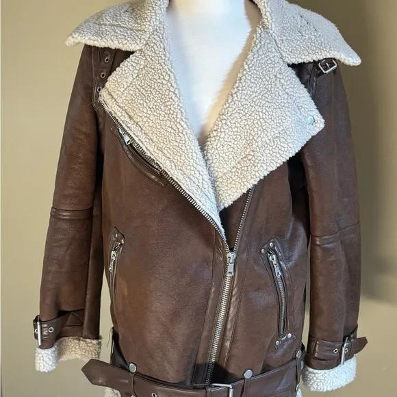 Avec Les Filles Faux Leather Shearling Biker Jacket Coat Brown, size M