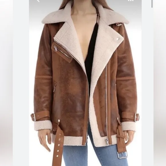 Avec Les Filles Faux Leather Shearling Biker Jacket Coat Brown, size M