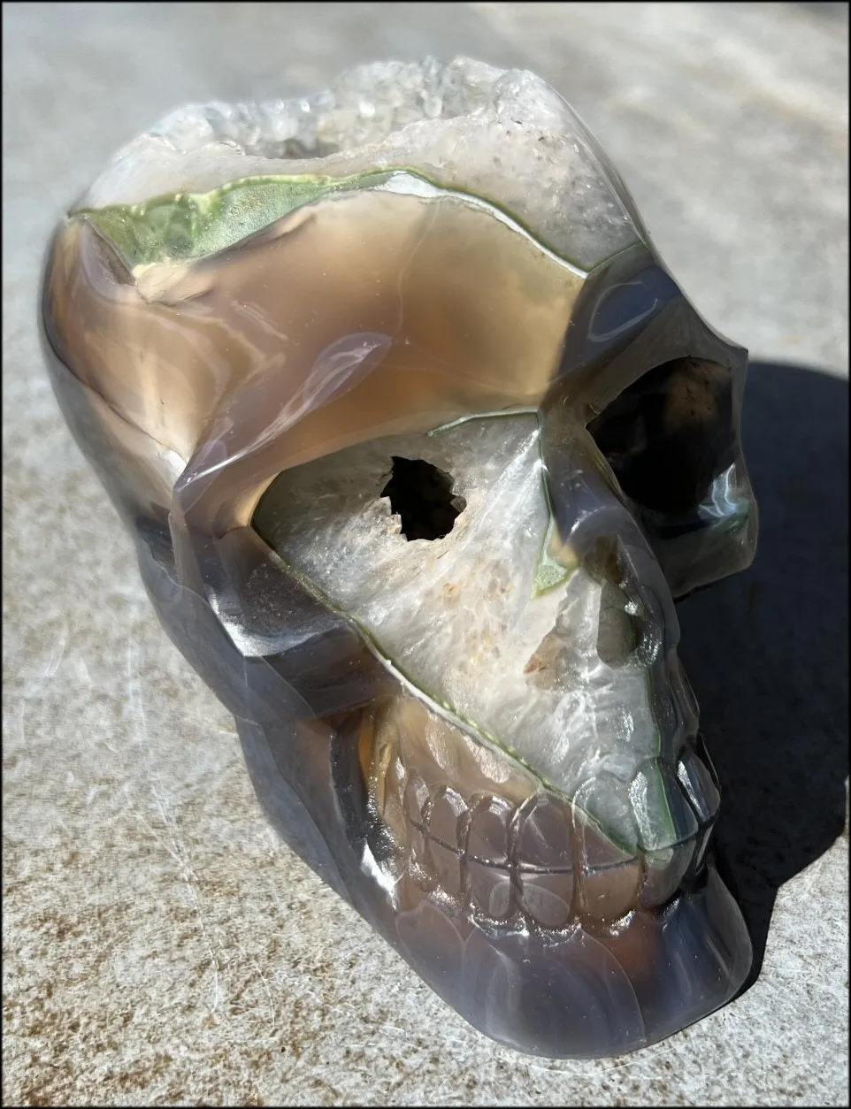 Baby Life-Size Agate GEODE Crystal Skull with BIG Druzy-lined VUG!