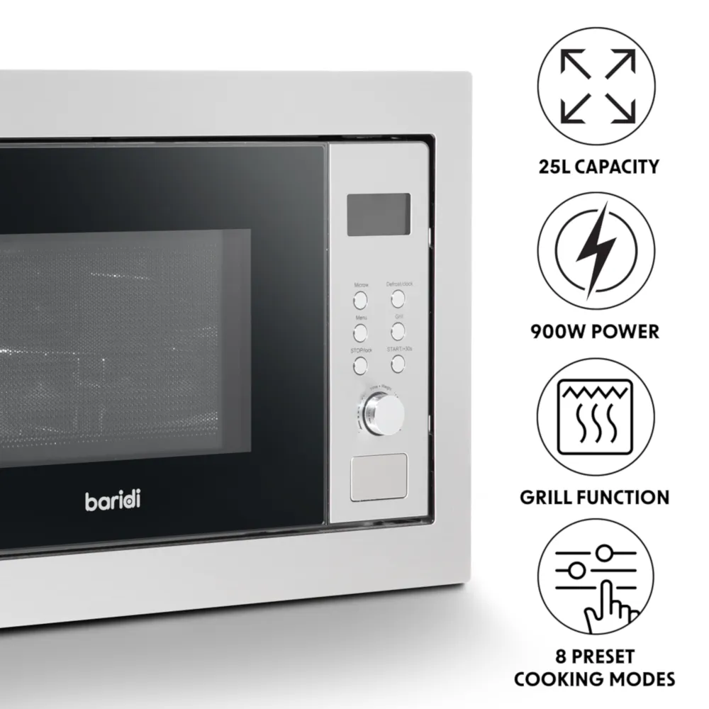 Baridi 25L Integrated Microwave Oven with Grill 900W - Stainless Steel - A
