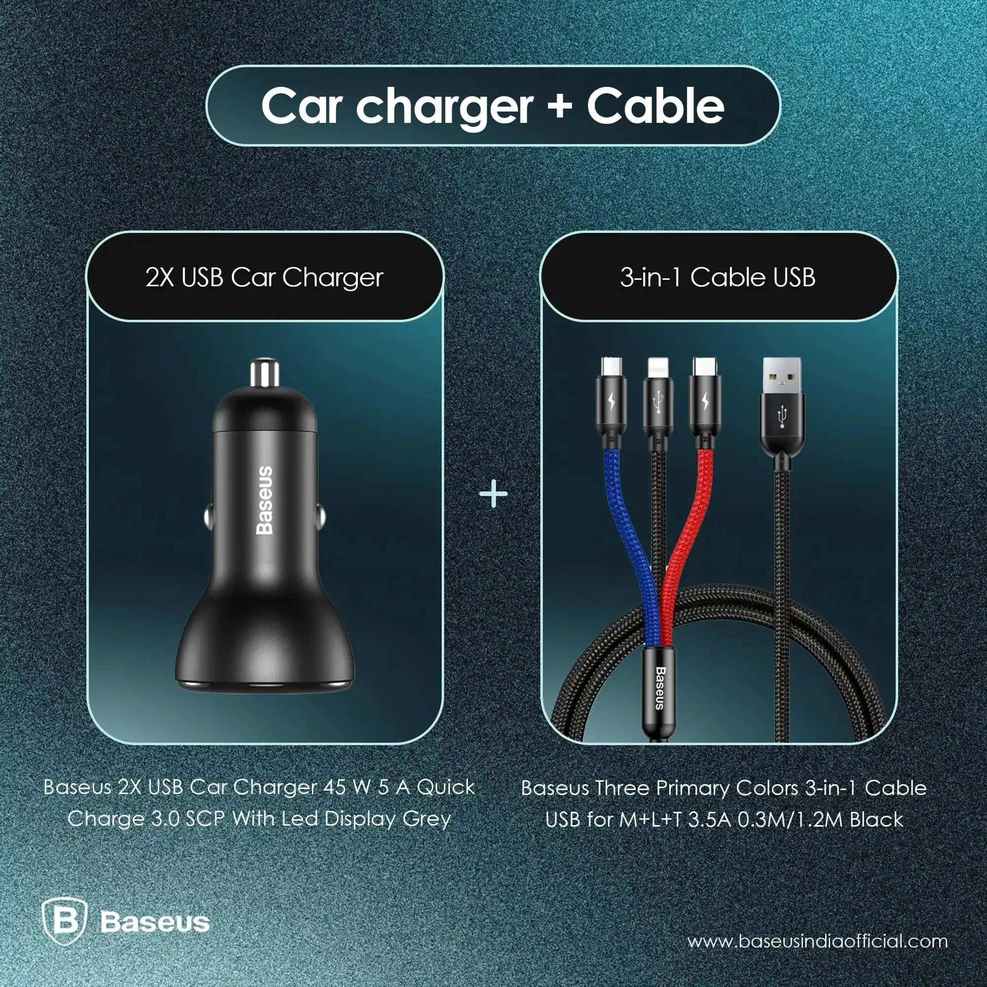 Baseus 2X USB Car Charger 45 W   3-In-1 USB Cable (CCBX-B0G-1)