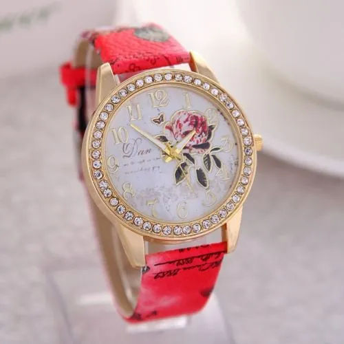 Beautiful Floral Studded Leather Watch