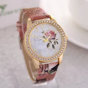 Beautiful Floral Studded Leather Watch