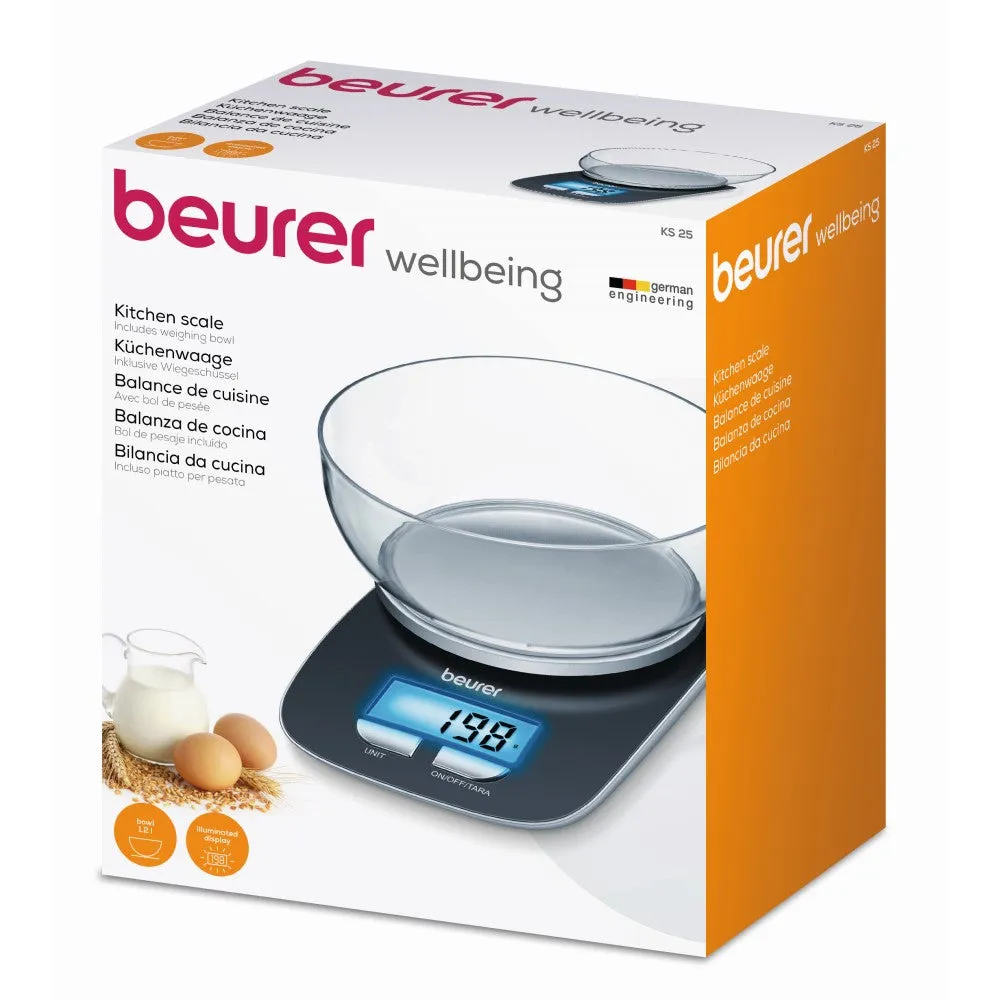 Beurer KS 25 Digital Kitchen Scale: Weigh to 3Kg in 1g Increments. XL 1.2L Bowl. Tare Button
