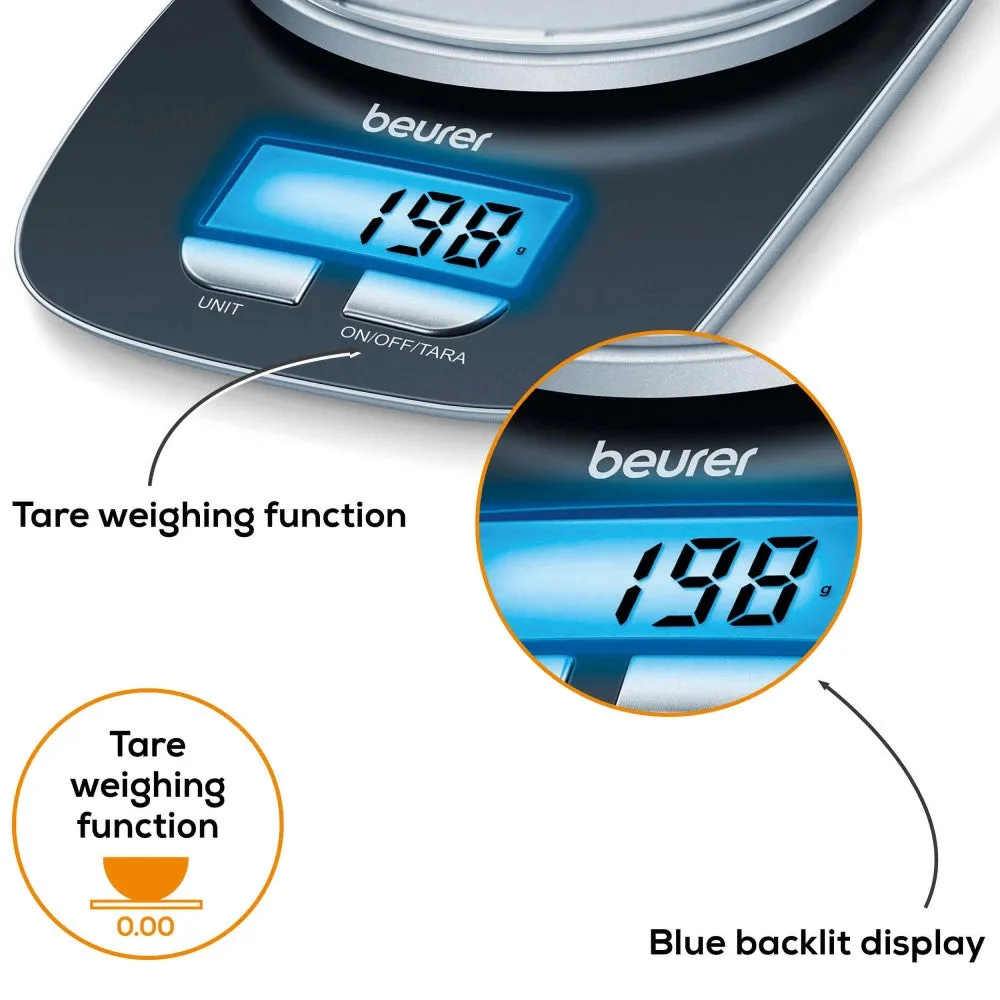 Beurer KS 25 Digital Kitchen Scale: Weigh to 3Kg in 1g Increments. XL 1.2L Bowl. Tare Button