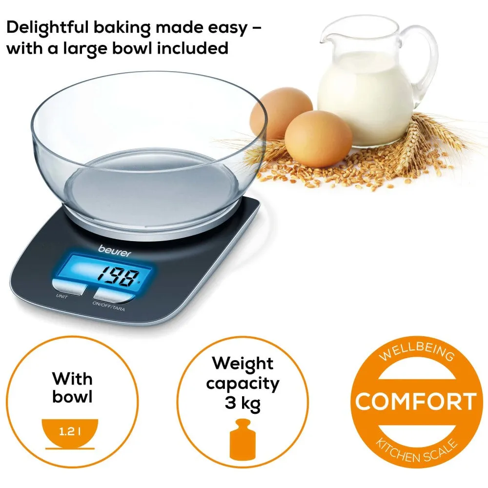 Beurer KS 25 Digital Kitchen Scale: Weigh to 3Kg in 1g Increments. XL 1.2L Bowl. Tare Button