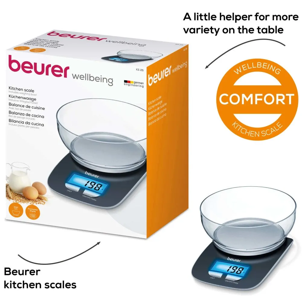 Beurer KS 25 Digital Kitchen Scale: Weigh to 3Kg in 1g Increments. XL 1.2L Bowl. Tare Button