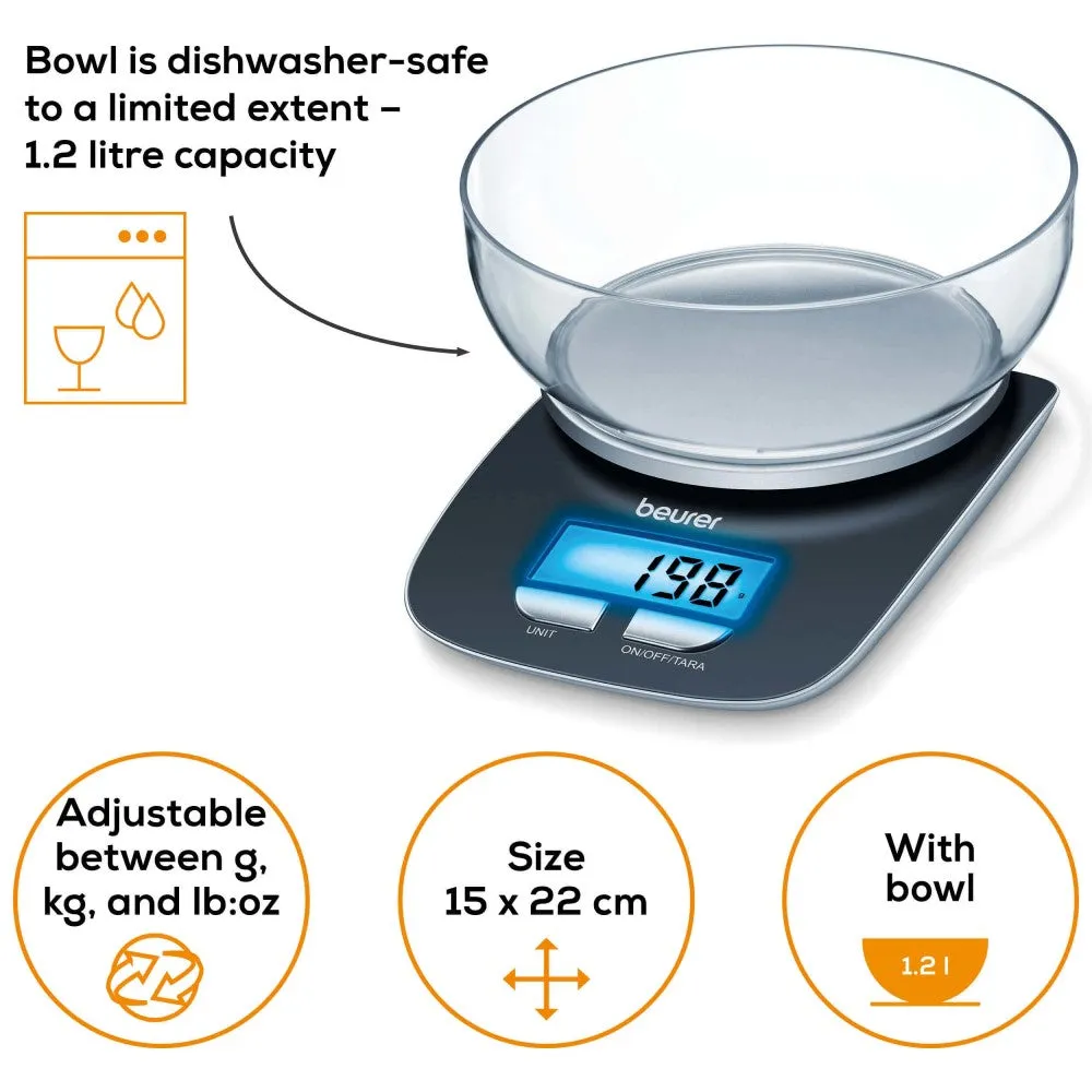 Beurer KS 25 Digital Kitchen Scale: Weigh to 3Kg in 1g Increments. XL 1.2L Bowl. Tare Button