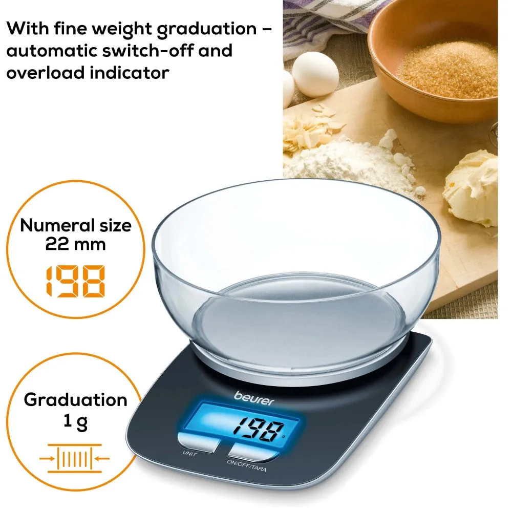 Beurer KS 25 Digital Kitchen Scale: Weigh to 3Kg in 1g Increments. XL 1.2L Bowl. Tare Button