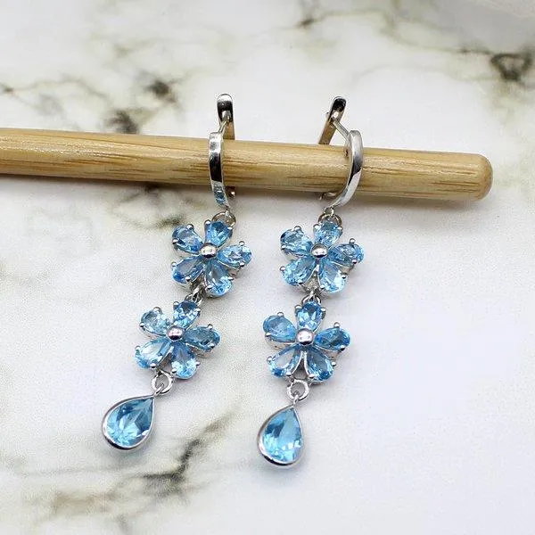 Blue Topaz Dangling Flower Earrings