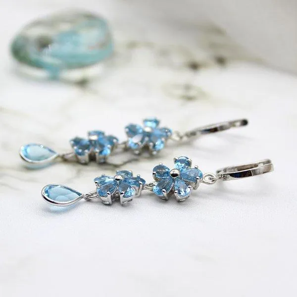Blue Topaz Dangling Flower Earrings