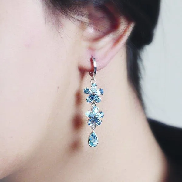 Blue Topaz Dangling Flower Earrings