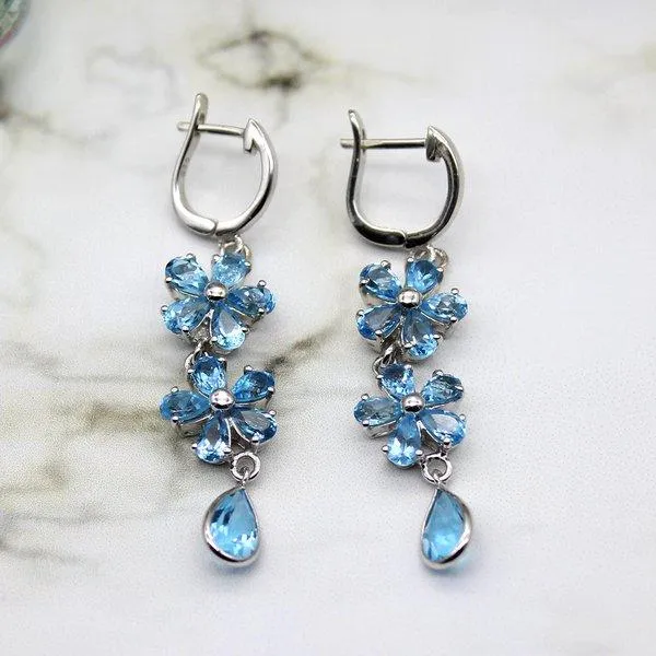 Blue Topaz Dangling Flower Earrings