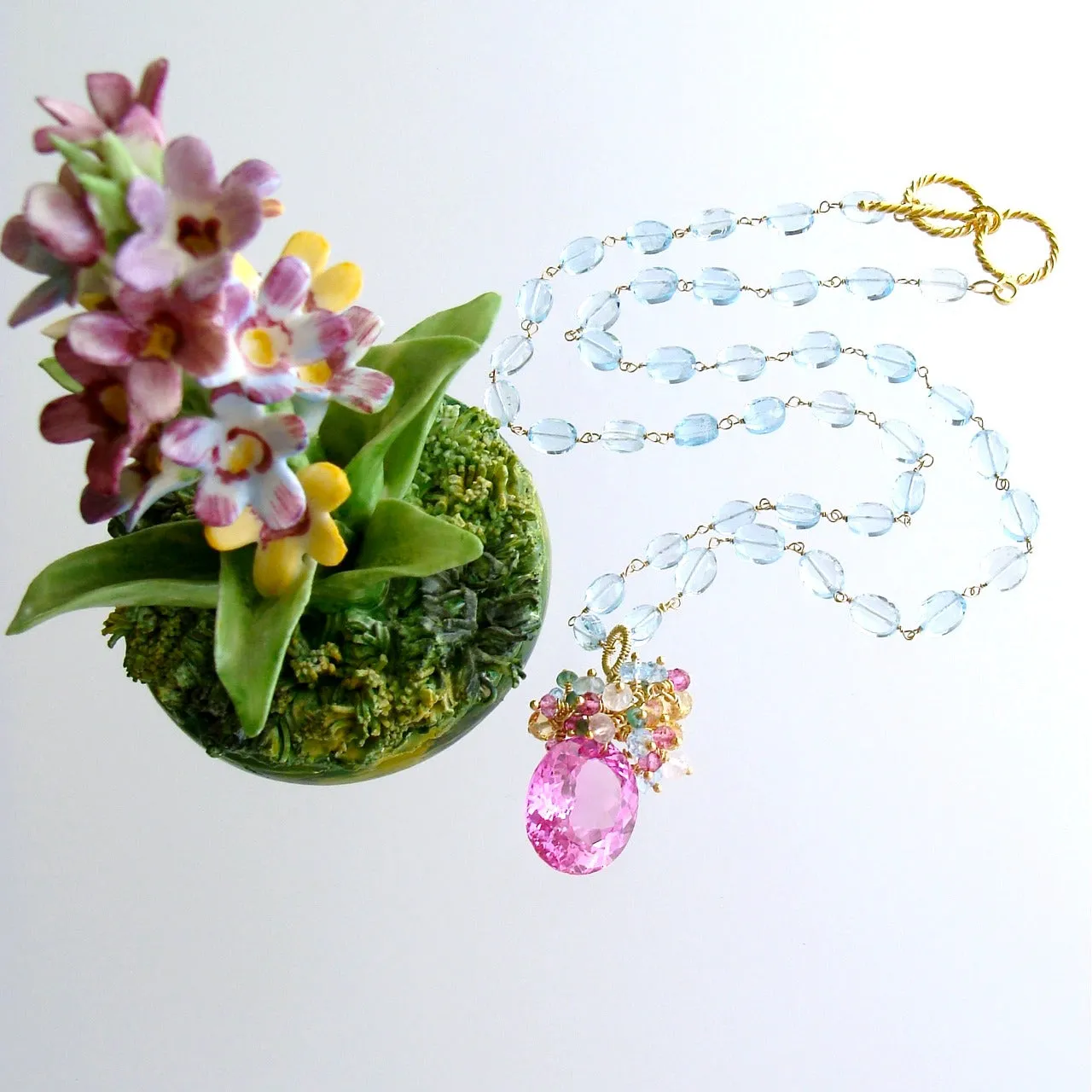 Blue Topaz Pink Topaz Cluster Necklace - Delphine Necklace