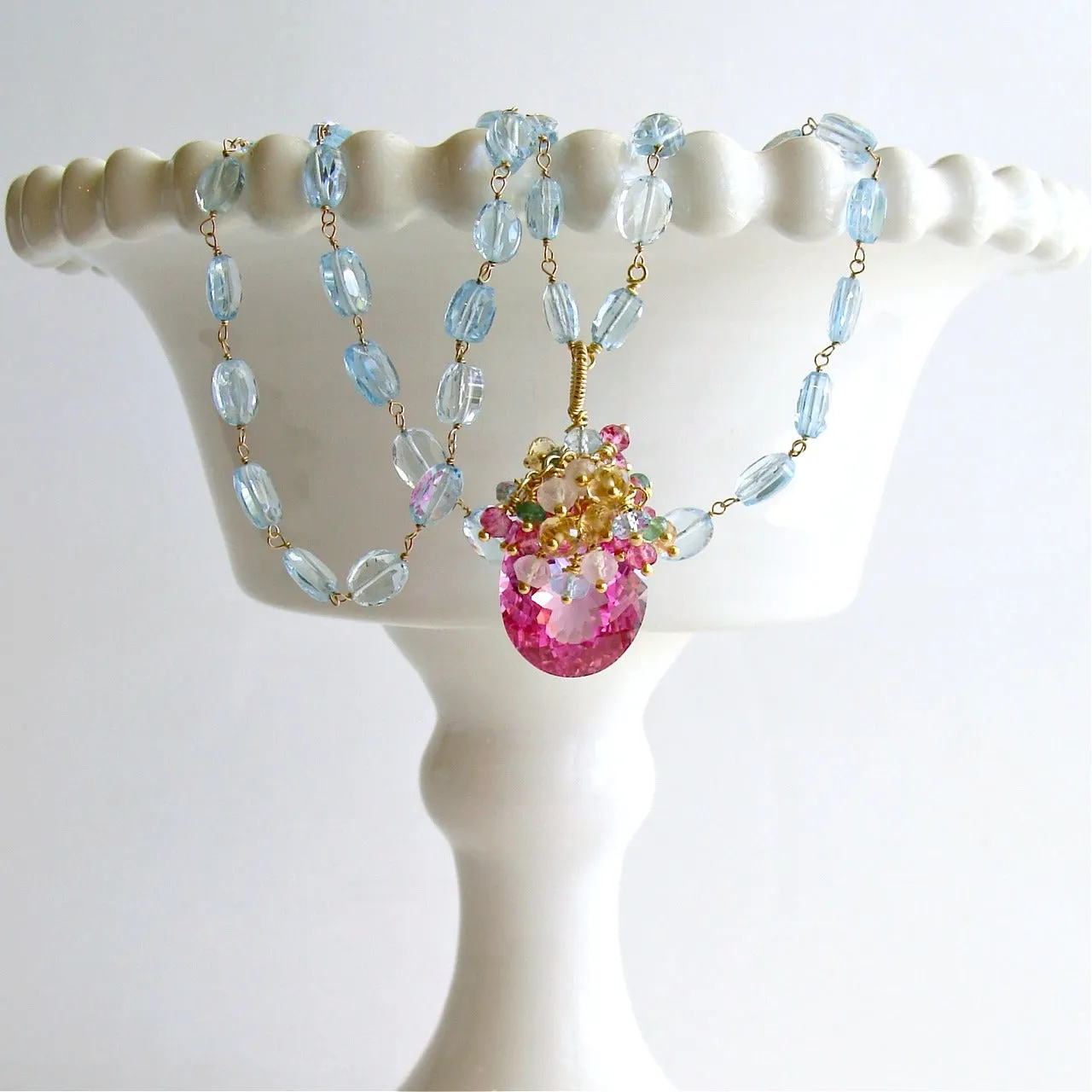 Blue Topaz Pink Topaz Cluster Necklace - Delphine Necklace