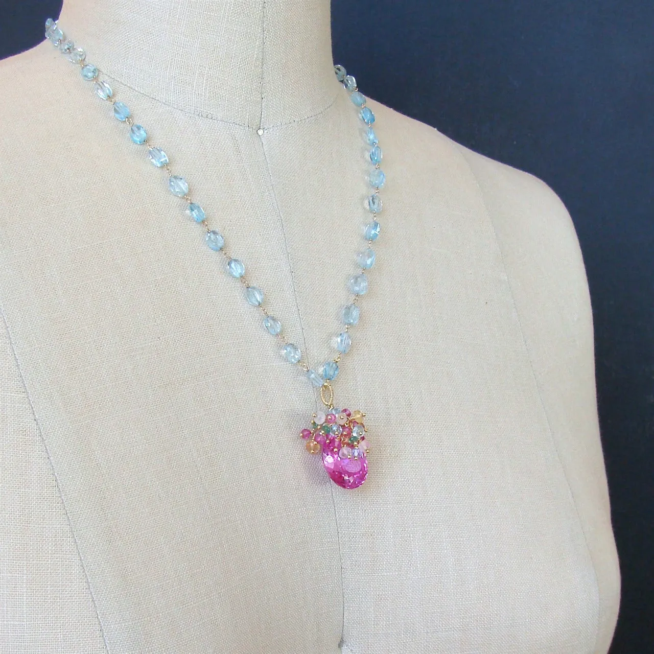 Blue Topaz Pink Topaz Cluster Necklace - Delphine Necklace