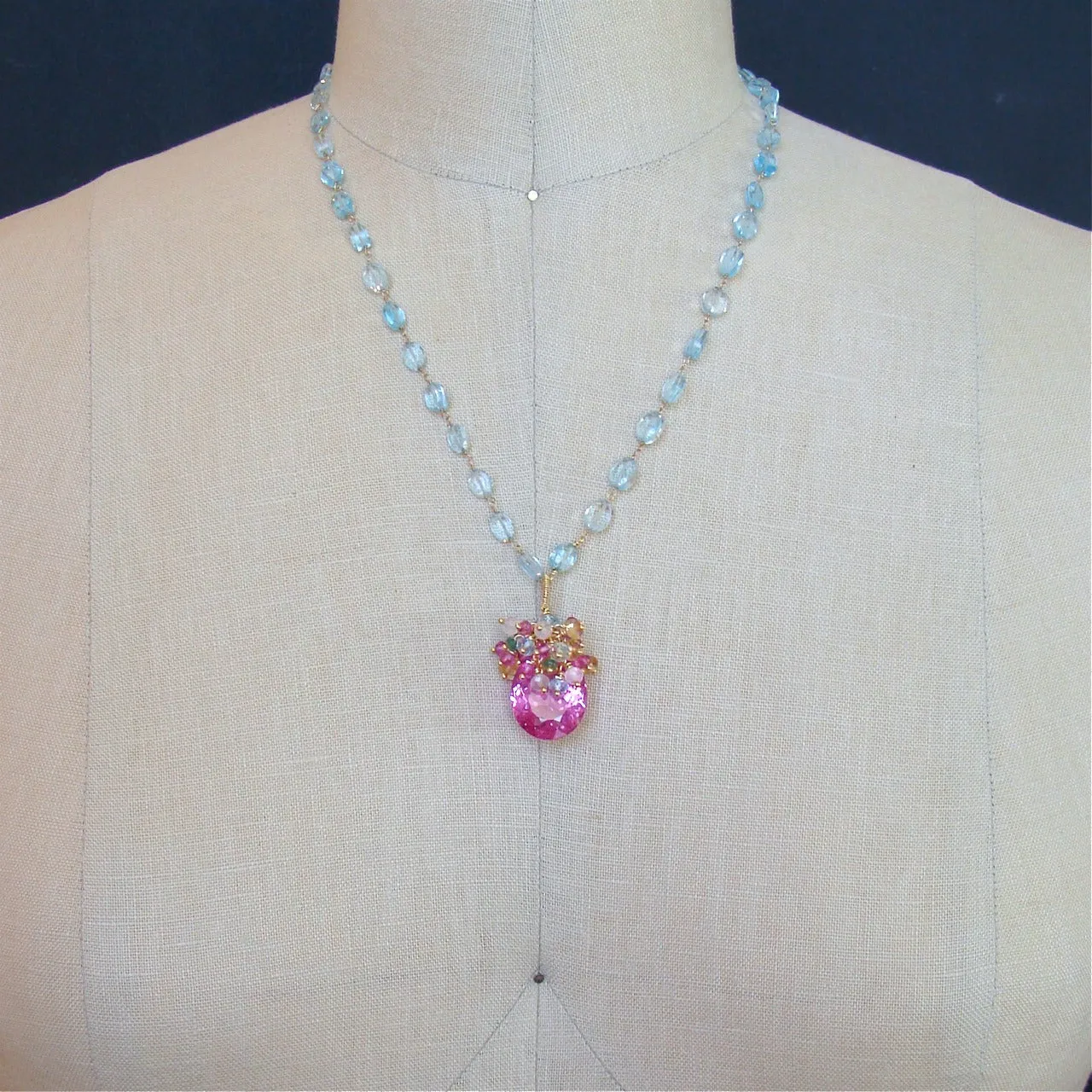 Blue Topaz Pink Topaz Cluster Necklace - Delphine Necklace
