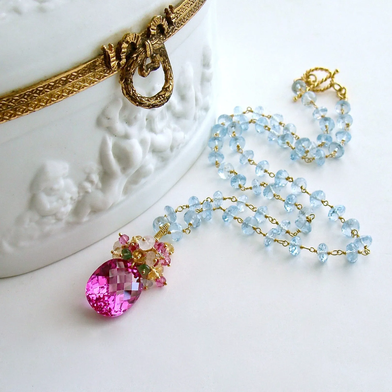 Blue Topaz Pink Topaz Emerald Citrine Cluster Necklace - Delphine III Necklace