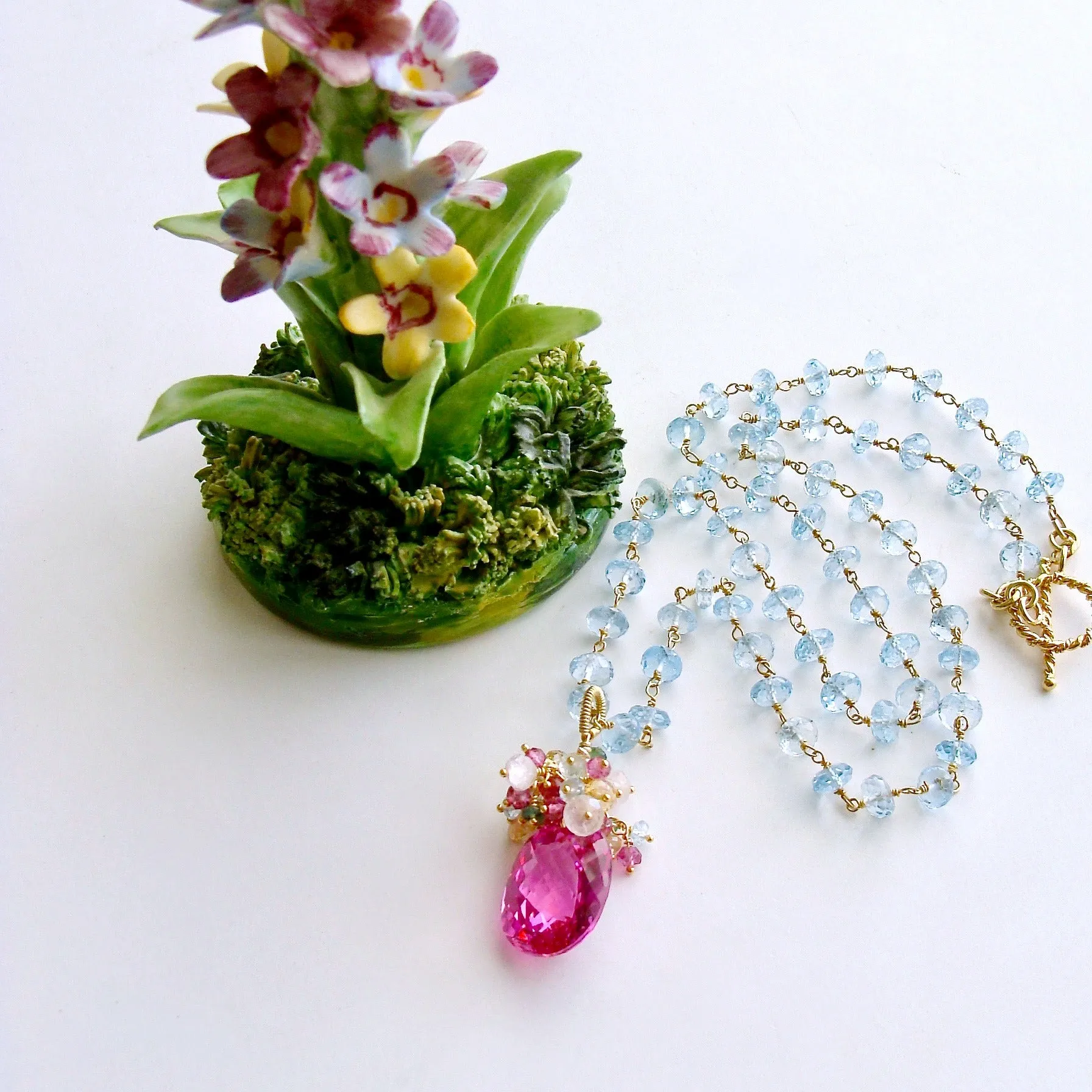 Blue Topaz Pink Topaz Emerald Citrine Cluster Necklace - Delphine III Necklace