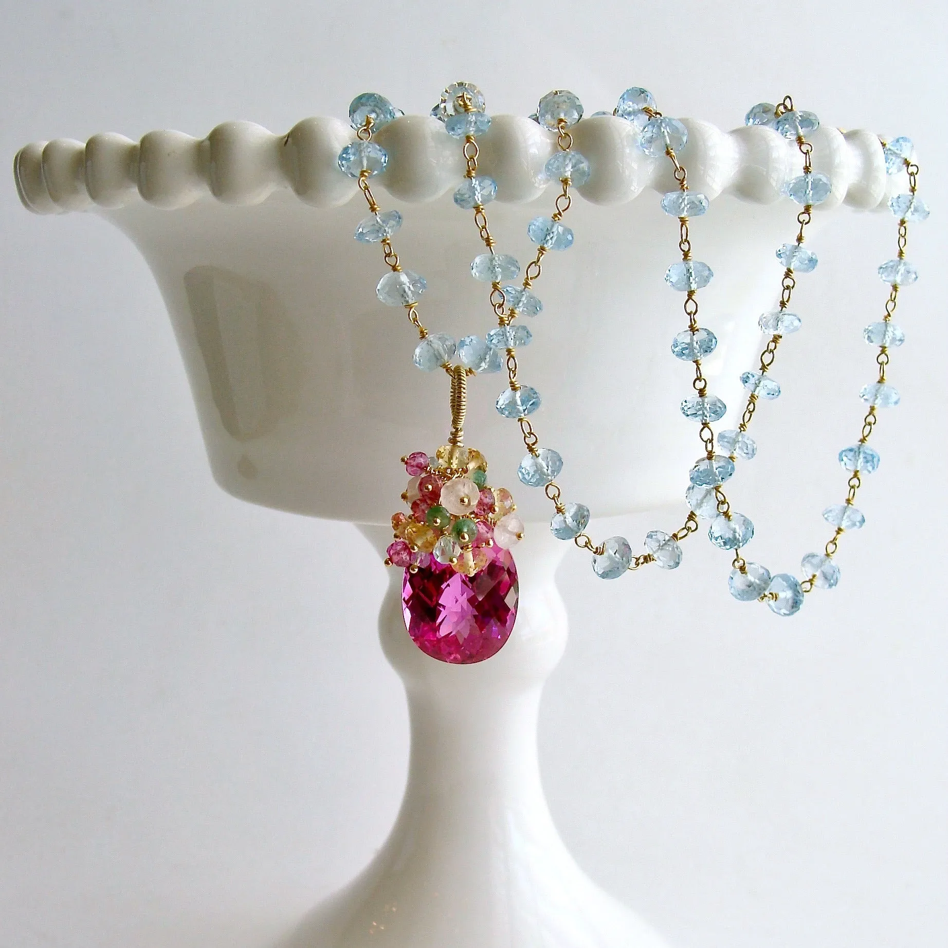 Blue Topaz Pink Topaz Emerald Citrine Cluster Necklace - Delphine III Necklace