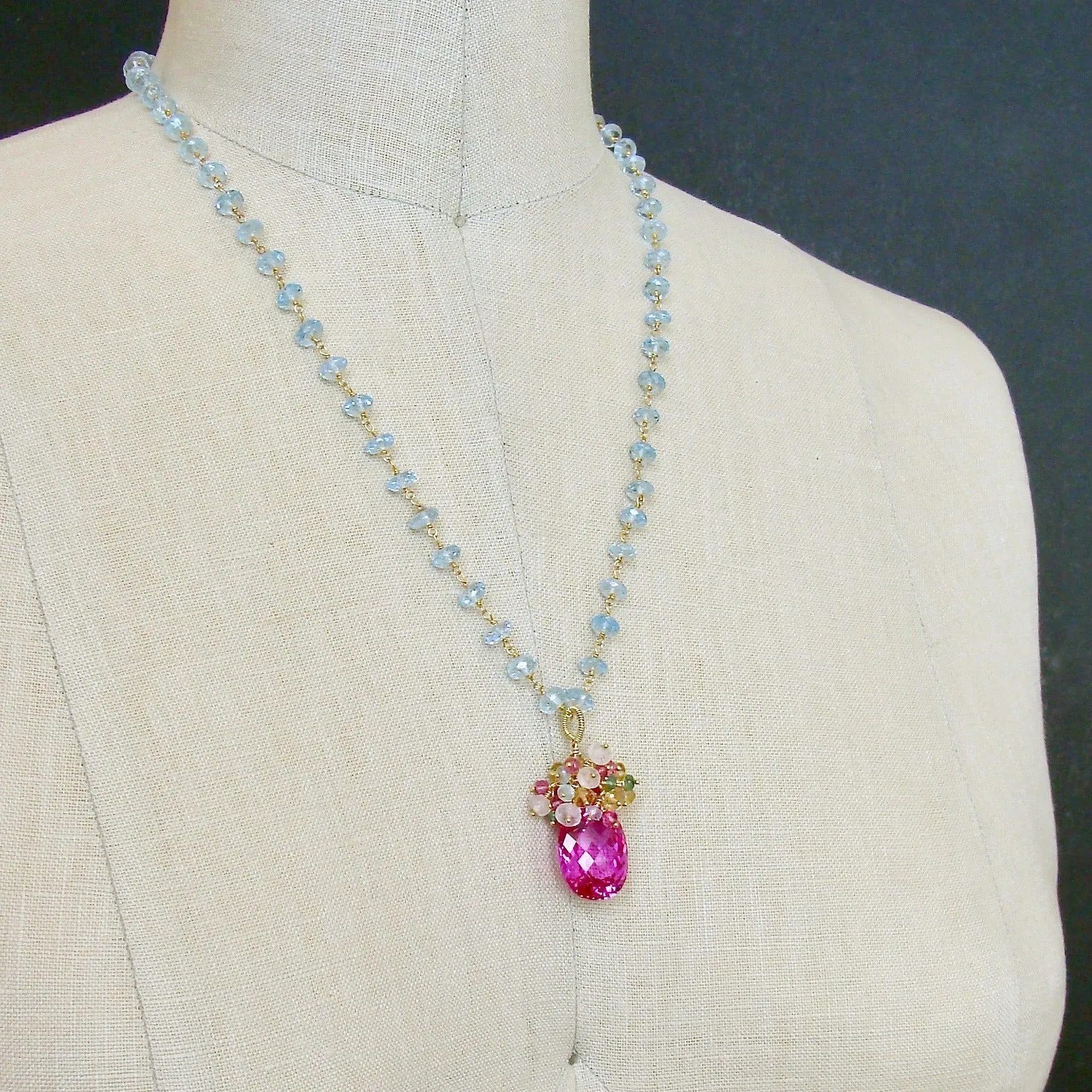 Blue Topaz Pink Topaz Emerald Citrine Cluster Necklace - Delphine III Necklace
