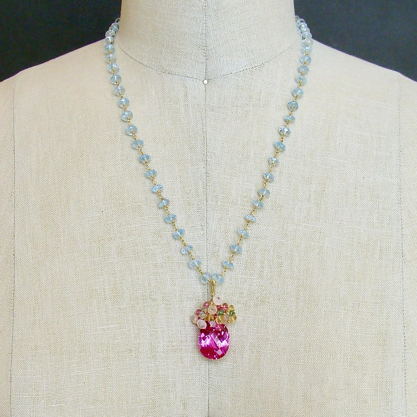 Blue Topaz Pink Topaz Emerald Citrine Cluster Necklace - Delphine III Necklace