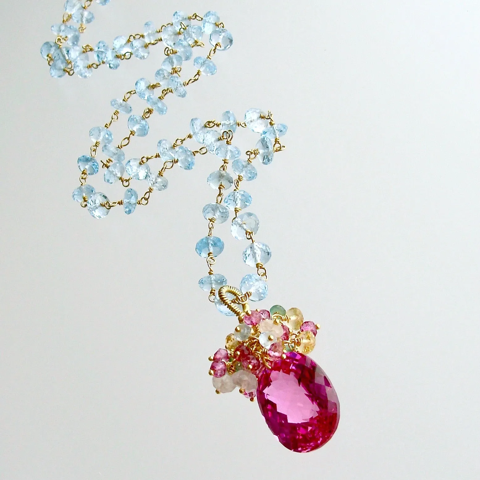 Blue Topaz Pink Topaz Emerald Citrine Cluster Necklace - Delphine III Necklace