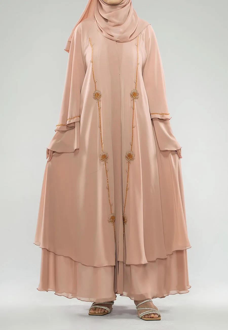 Blushing Peach Embellished Chiffon Layered Abaya