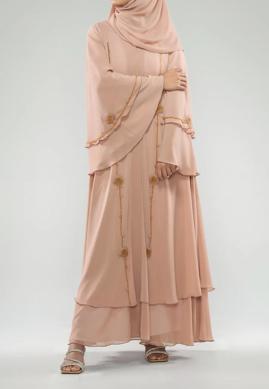 Blushing Peach Embellished Chiffon Layered Abaya