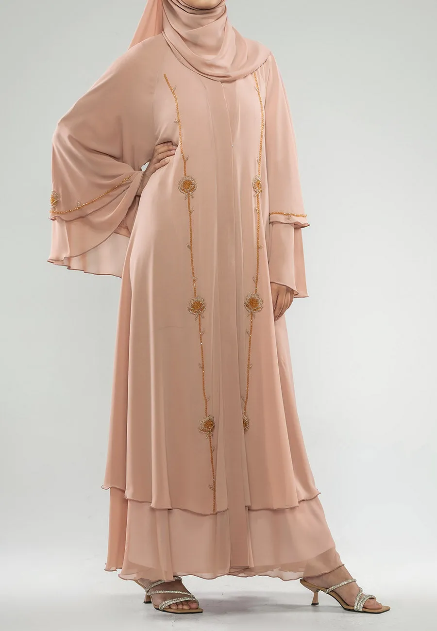 Blushing Peach Embellished Chiffon Layered Abaya