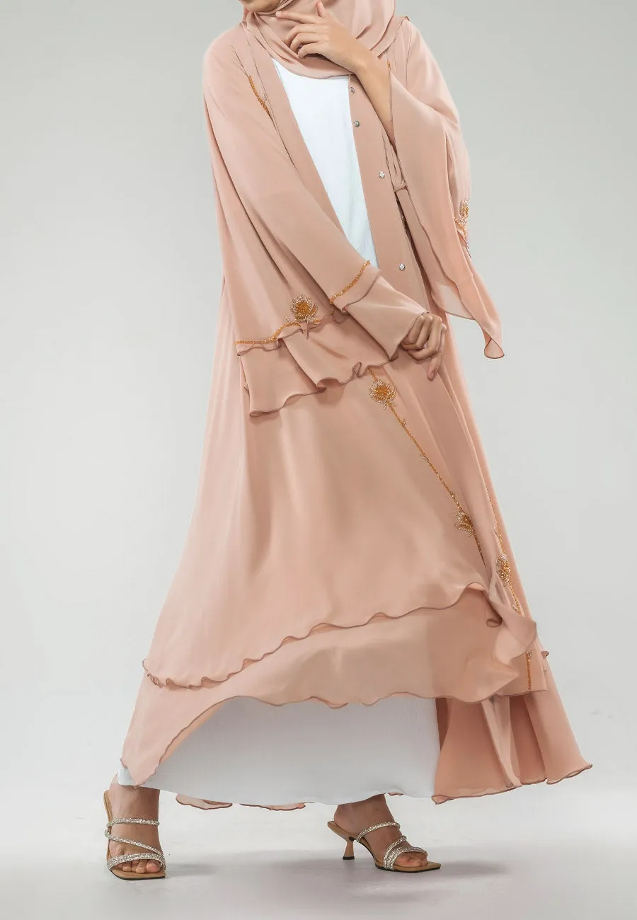 Blushing Peach Embellished Chiffon Layered Abaya