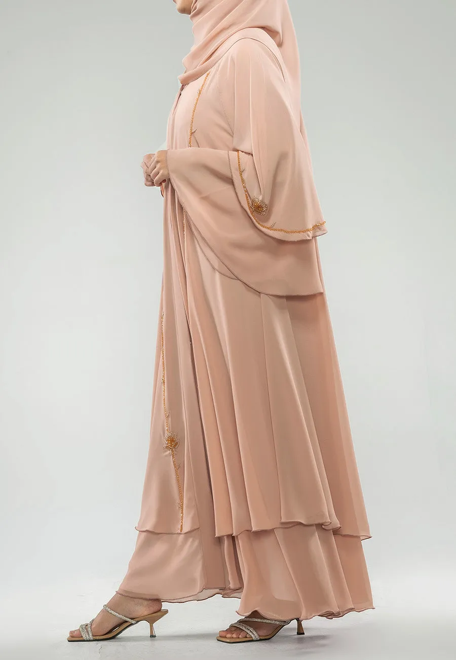 Blushing Peach Embellished Chiffon Layered Abaya