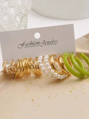 Bohey by KARATCART Gold Plated Combo of 6 Pairs Fashion White Pearl Hoop Earrings Set for Women