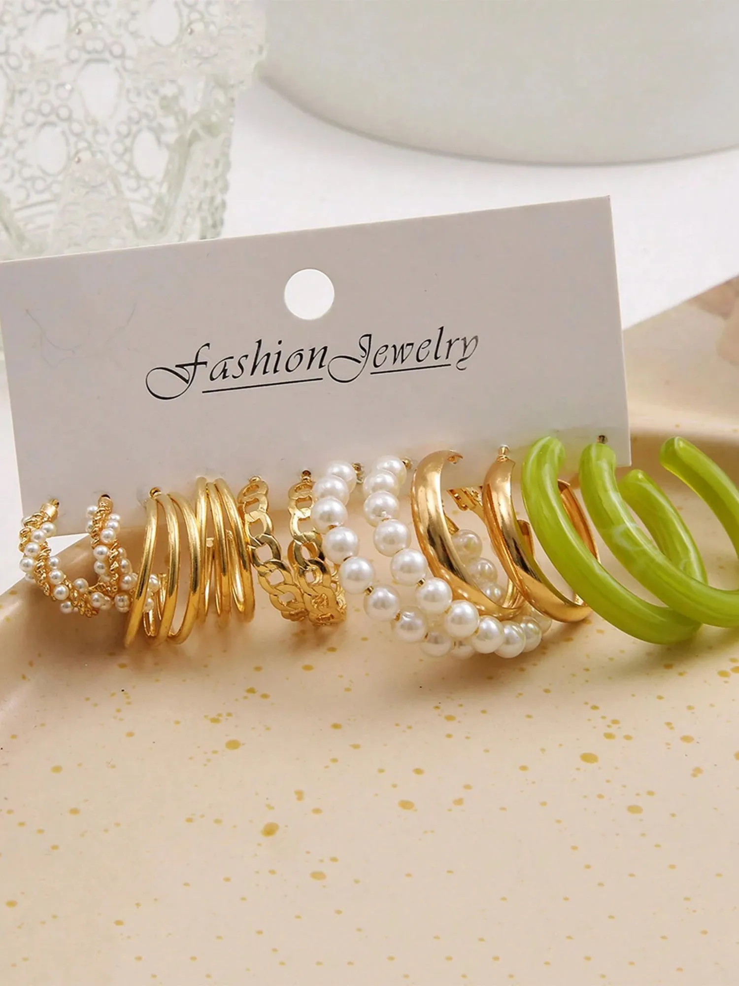Bohey by KARATCART Gold Plated Combo of 6 Pairs Fashion White Pearl Hoop Earrings Set for Women