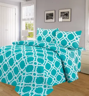 Brand new in package! Bamboo Essence 1800 wrinkle free deep pocket sheet set in Teal geo Print, Queen!!