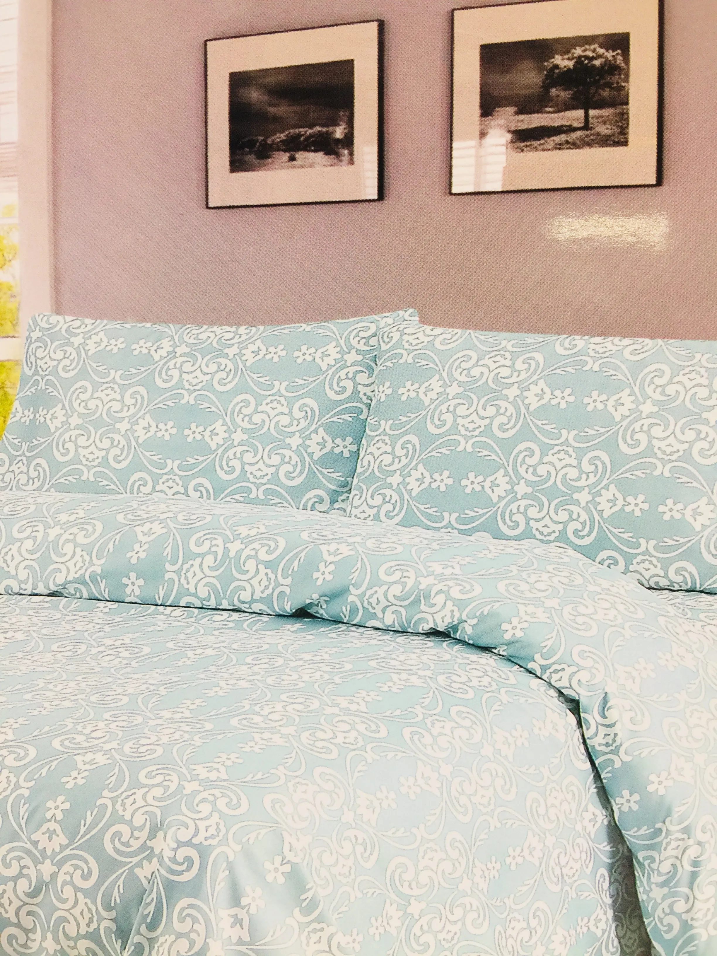 Brand new in package! Premier Bamboo Essence Light Blue/teal print 1800 Wrinkle Free, Fade Resistant Full/Double Deep Pocket Sheet Set! Fits Mattresses Up To 18 Inches!