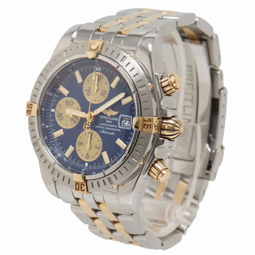 Breitling Men's Chronomat Evolution 18K Yellow Gold & Steel 43mm Blue Stick Dial Watch Reference# B13356