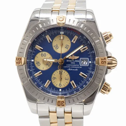 Breitling Men's Chronomat Evolution 18K Yellow Gold & Steel 43mm Blue Stick Dial Watch Reference# B13356