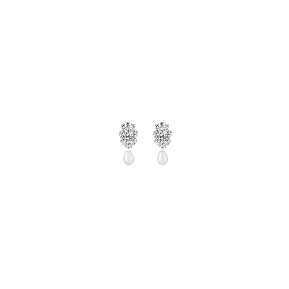 Bridal earrings - art deco baguette crystal stud with pearl drop - Viva pearl by Stephanie Browne
