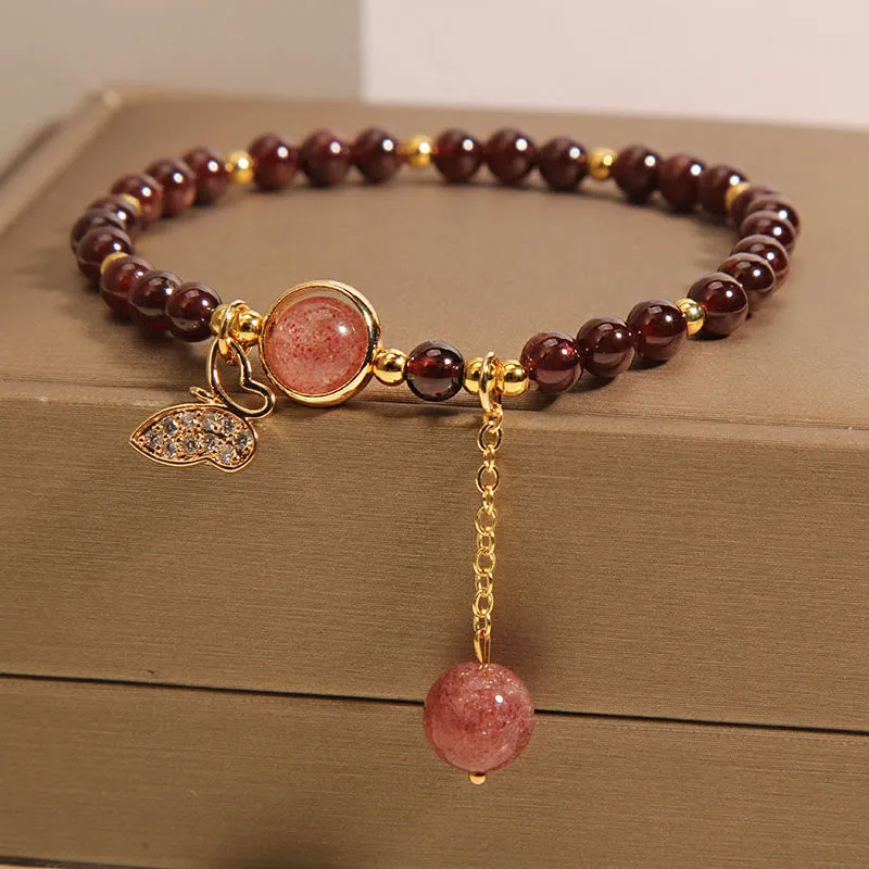 Buddha Stones Natural Garnet Strawberry Quartz Butterfly Protection Bracelet