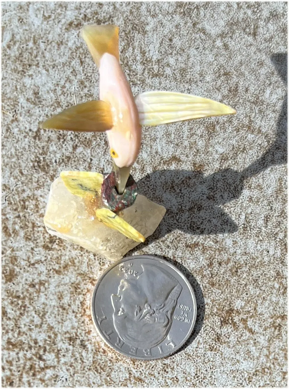 Carved Pink Calcite   Mother of Pearl Miniature HUMMINGBIRD with Flower